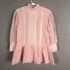 Vintage Dorissa Dress Girls 5 Pink Lace Sheer Long Sleeve High Neck 60s Party
