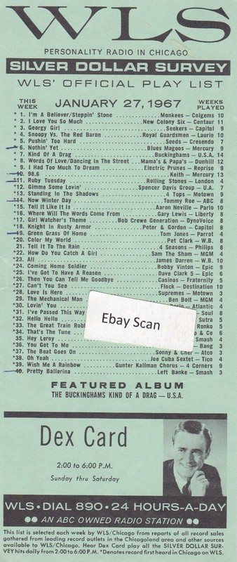 WLS Chicago IL Top 40 Radio Music Survey 1-27-67  Dex Card