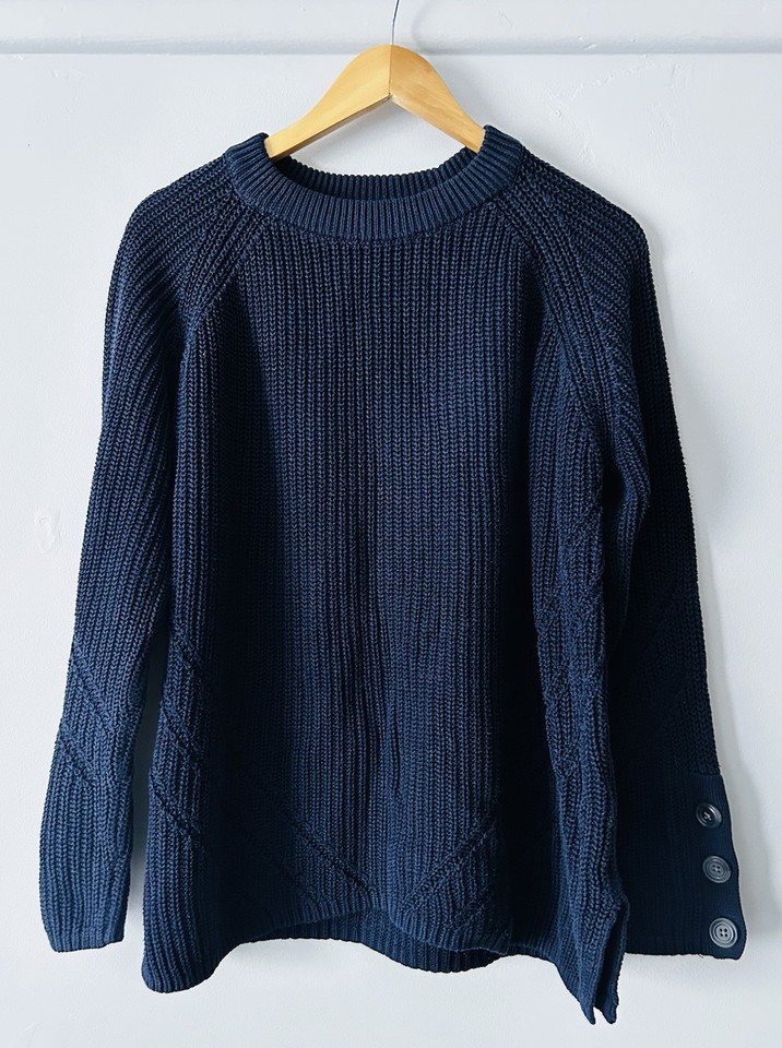 Target Navy Cable-Knit Crew Neck Pullover Jumper Button Cuff M