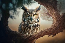 Wandbild: Fotografisches Porträt einer Eule und eines Astes, aufgenommen [...]