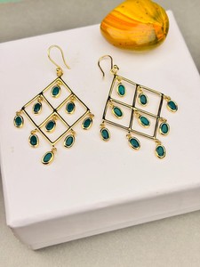 Authentic 925 Silver Green Stone Chandelier – Gold Plated Geometric Earrings for women