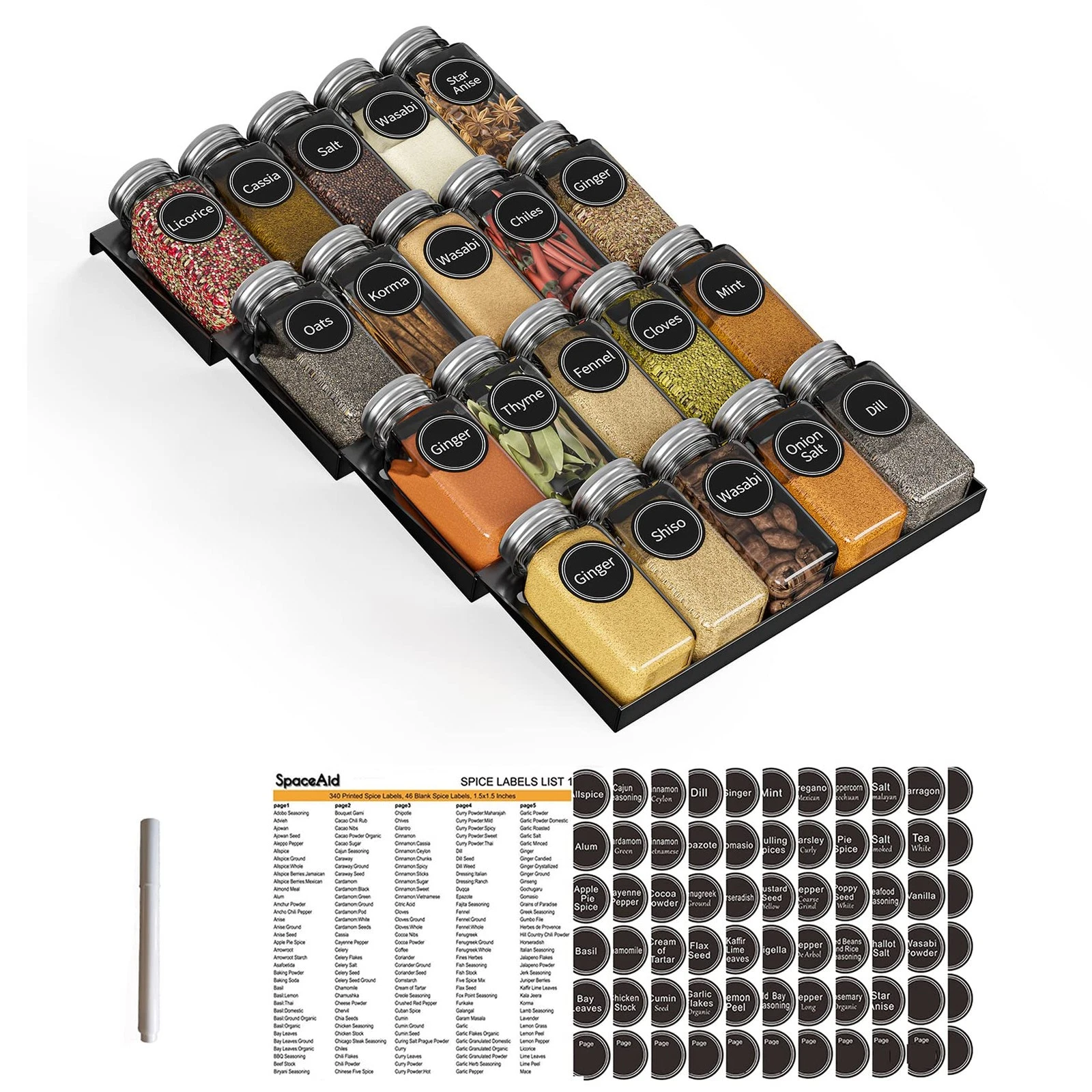 Spice Drawer Organizer with 20 Spice Jars, 386 Spice Labels, 4 Tier Seasoning...