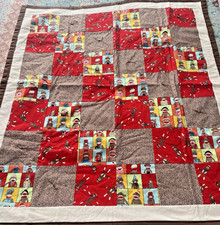 Lap Quilt, Pattern Sock Monkey, Nice Blanket, Red Brown, 38x44 handmade