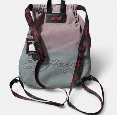 NEW Ed Hardy Canvas Backpack with Skull & Heart NEW ED HARDY Cara Black Heart Skull Print Mini Vegan  main image 2