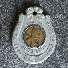 1951 Drink To Good Luck With Schenley Encased Penny Horseshoe Keychain Pendant