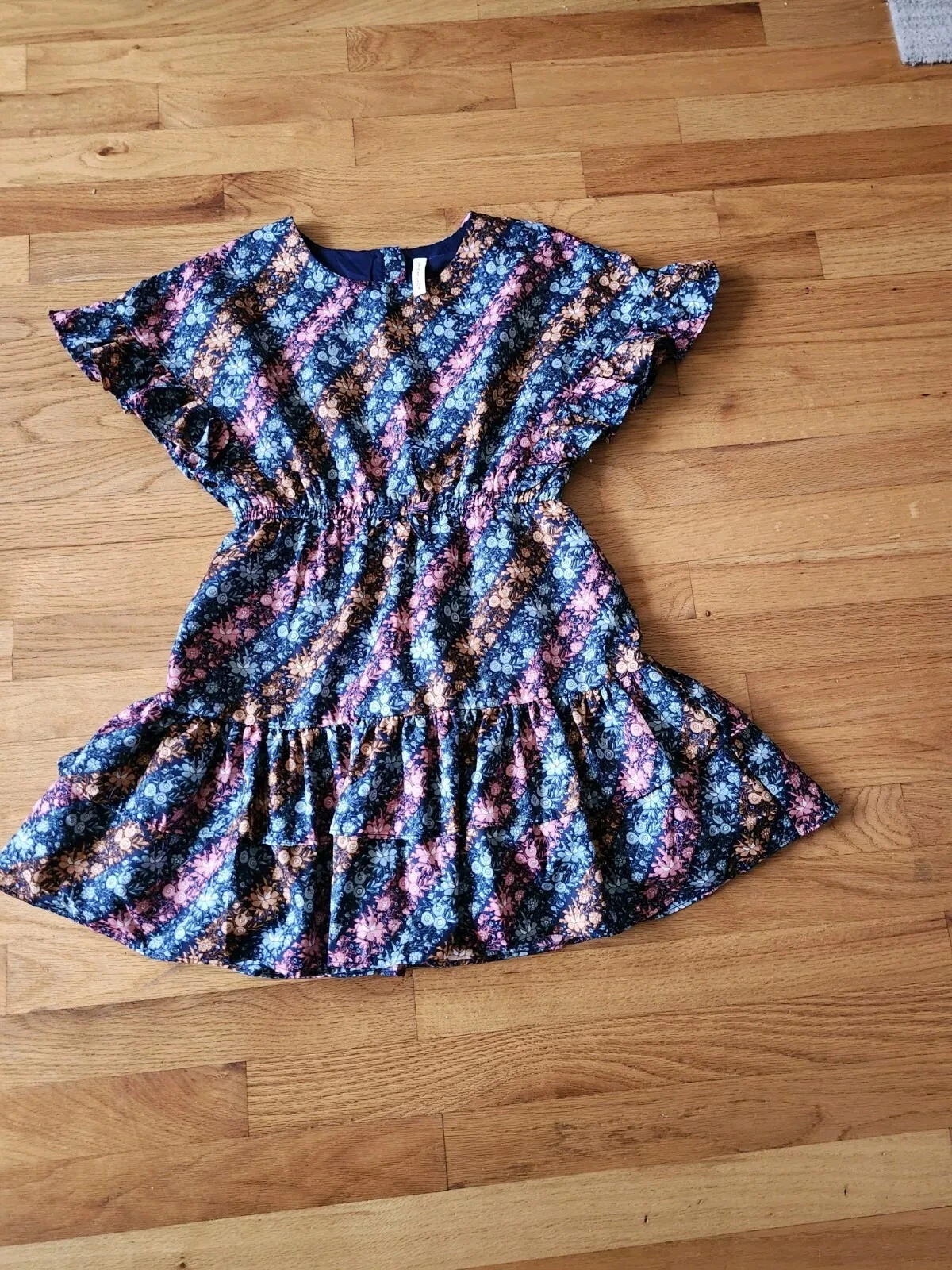 Janie and Jack Ruffle Sleeve Dress Sz 12 Blue & Pink Floral Lined Elastic Waist