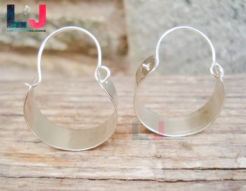 Solid Hammered Hoop Earrings 925 Silver Women Earrings Curved Statement Earrings - Picture 4 of 4
