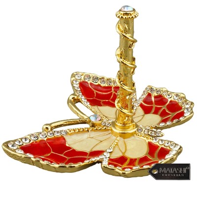 Matashi Red Enamel and Gold Plated Butterfly Jewelry Ring Holder Embellished