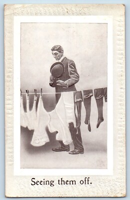 Seeing Them Off Postcard Man With Hat Hanging Clothes East Dorset VT RPO c1910's
