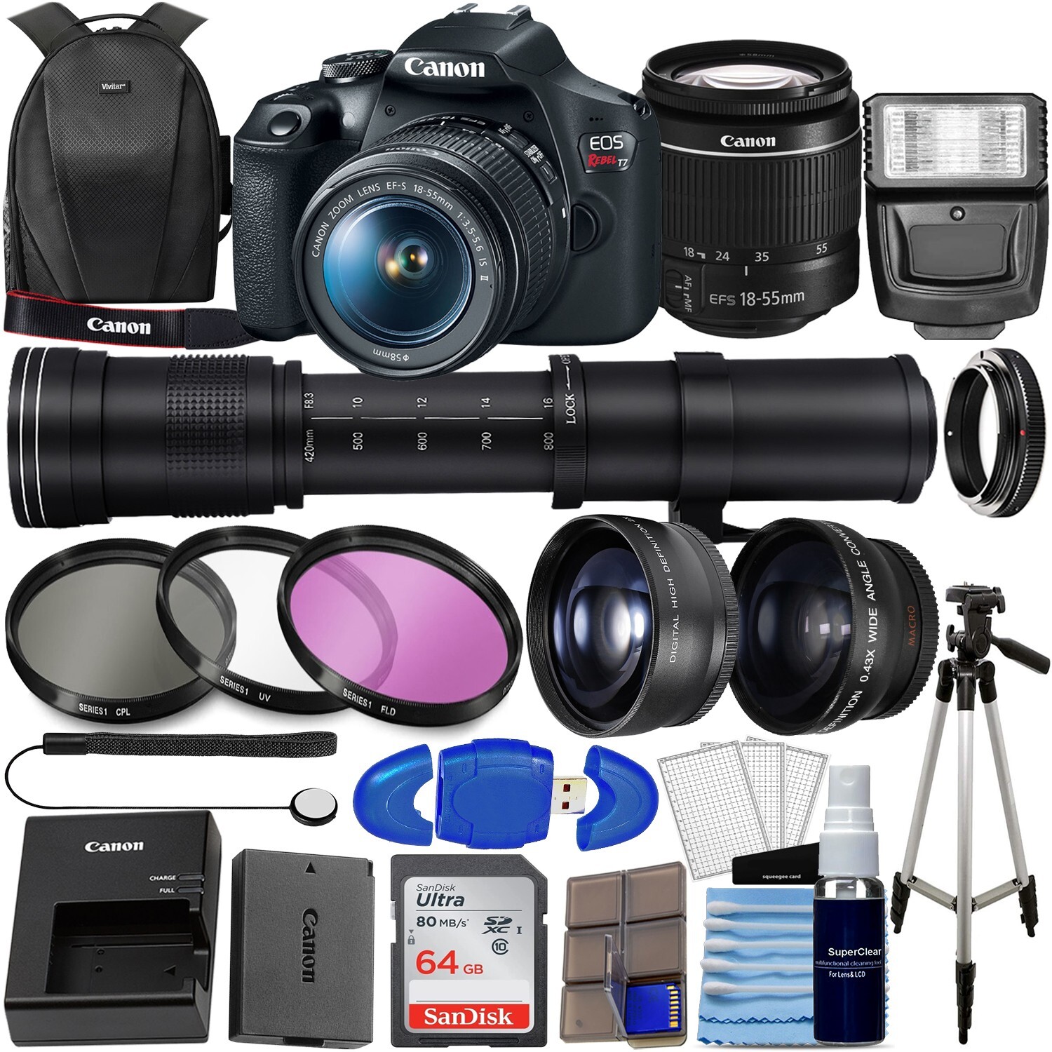 Canon EOS Rebel T7 DSLR Camera W/ 18-55mm Lens + HD 420-800mm Lens 128GB Pro Kit