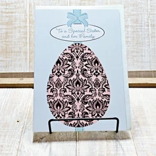 Designer Greetings Easter Card For Sister & Her Family Blue Pink Ornate Egg