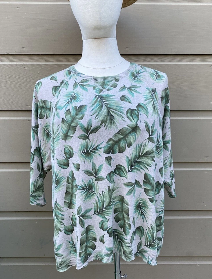 NWT J. Jill 2X Tan Palm Leaf Print Sweater 3/4 Sleeve Tropical Green Beach - Image 3 of 4