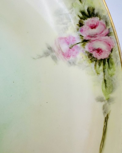 Antique Porcelain Hand Painted Pink Rose Swags Gold Handled Deco Shape Bowl Dish - Picture 7 of 12