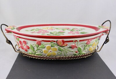 TEMPTATIONS BY TARA BUTTERFLY GARDEN 3QT OVAL BAKER WITH LID AND RACK - MINT