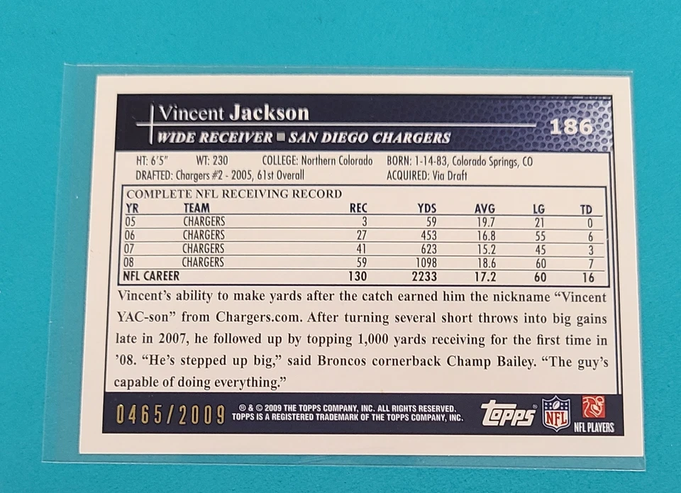2009 Topps Gold /2009 #186 Vincent Jackson San Diego Chargers FOOTBALL Card F9 - Image 2 of 2