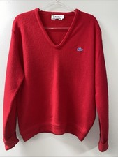 VTG 80s Lacoste Izod V Neck Pullover Sweater Large L Red Acrylic Mens  USA