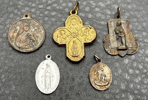 Vintage Catholic Religious Medal Pendant Lot 5 Piece Four Way Cross Saints