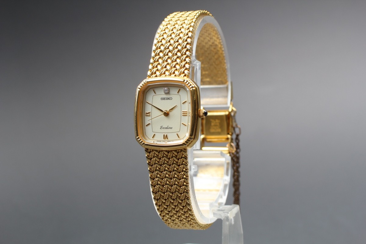 Near MINT] SEIKO Exceline 7321-6600 Gold 1P Diamond 20mm