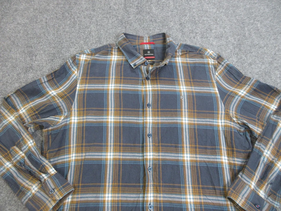 Camisa masculina Victorinox XXL azul marrom xadrez ajuste padrão algodão lã botão para baixo - Imagem 3 de 4