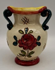 Vtg 4" Italian Art Pottery Bud Vase 3 Sgraffito Roses Hand Made & Painted Signed