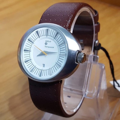 Reloj Hombre Vintage Estilo Retro Replay Torpedo Cuero Marrón Plateado Fecha RW5201BH - Imagen 3 de 9