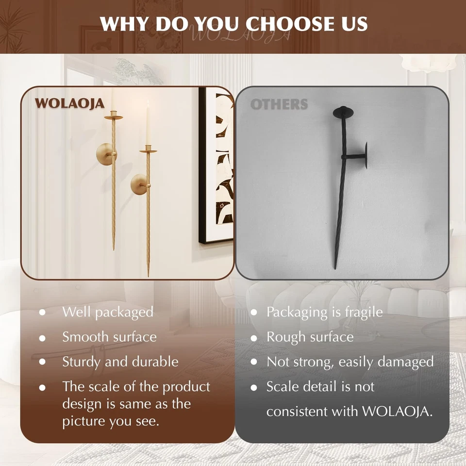 Candle Wall Sconce Set of 2, Large Twisted Mount Metal Brass Holder Sconces - Image 4 of 4