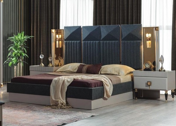 Moderne Schlafzimmer MöBel Designer Graues Bett 2X Holz Nachttische 3Tlg-image