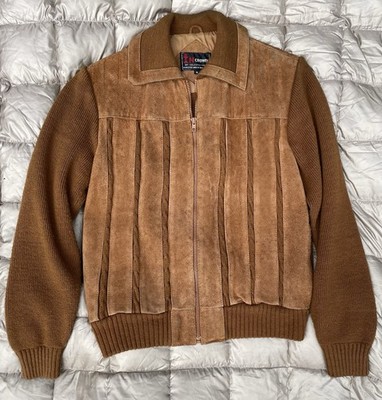 VTG 70 s IN Crowd Men's Brown Suede Bomber Jacket Full Zip Point Collar Size M