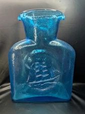 Blenko #384 Hand Blown ice Blue Water Jug with sail boat ship