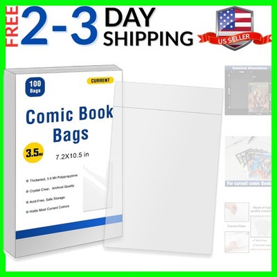 100ct Current Comic Book Bags Resealable,3.5 Mil Thick Comic Book Sleeves,Aci...