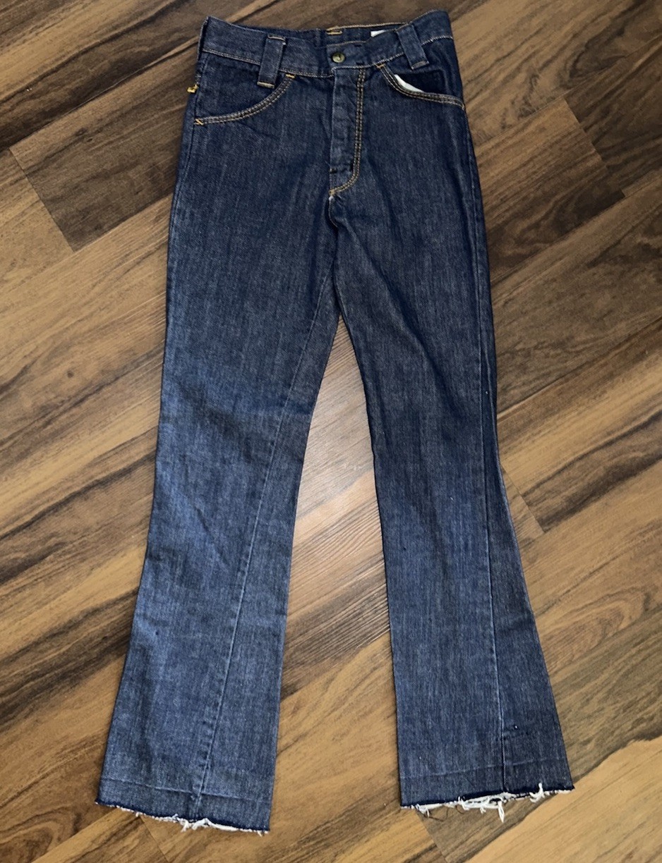 Vintage 70s Farah Denim Jeans Womens Size 24 Bell Bottom Flare Leg Dark Blue