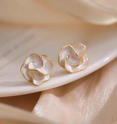Elegant Stud Earrings White Enamel 3D Camellia Gold Plated Straight Needle