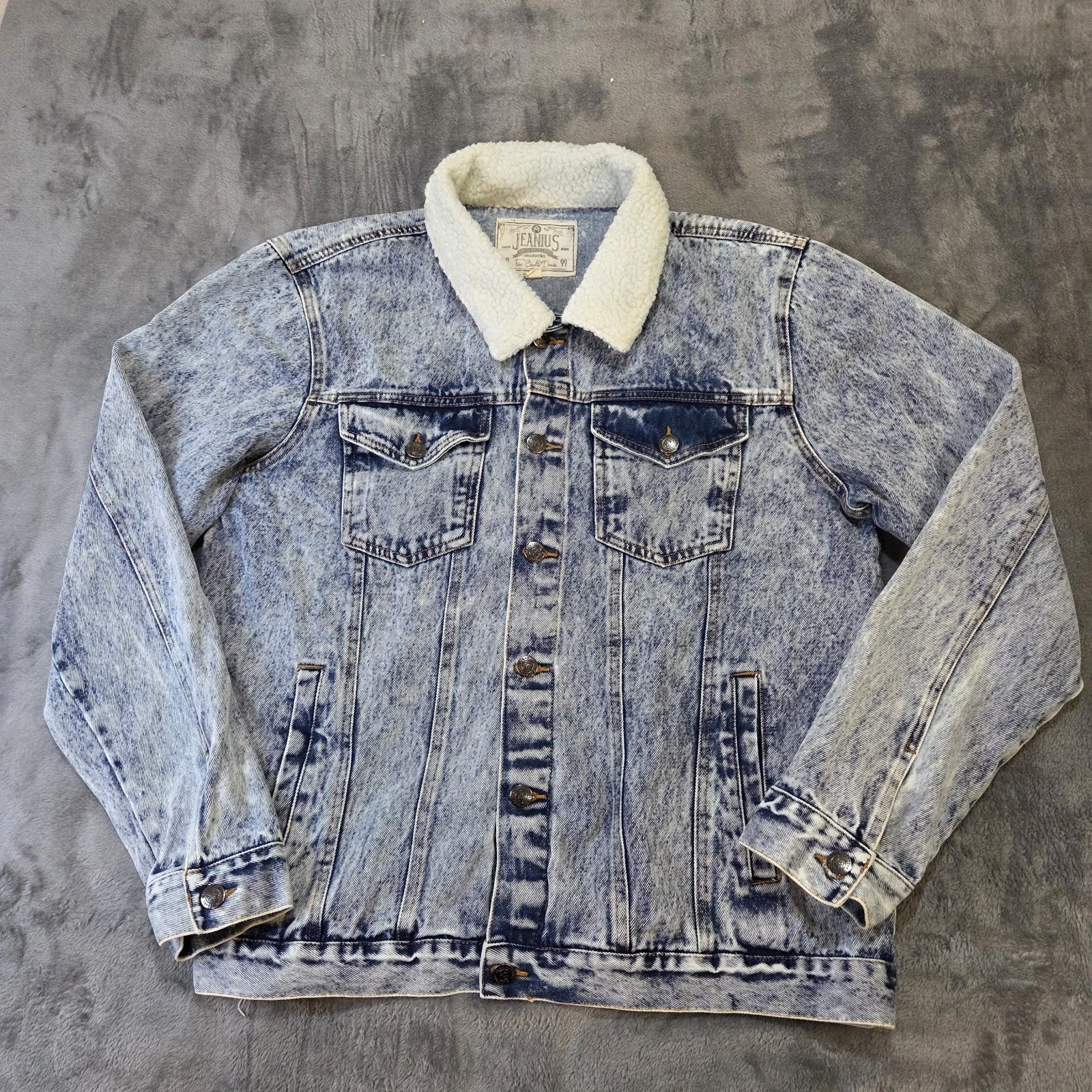 Jeanius Mens Denim Jacket Button Up Fleece Collar Blue Size XL