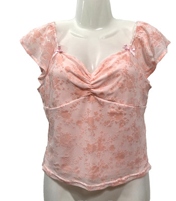 Free for All Y2K Velvet Burnout Babydoll Top Fairy Mesh Pink Floral Milkmaid M