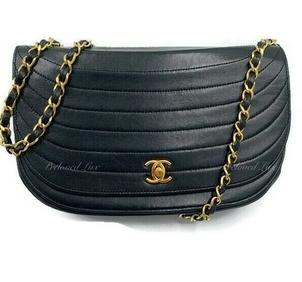 Chanel Vintage Black Quilted Lambskin Half Moon Flap Shoulder Bag