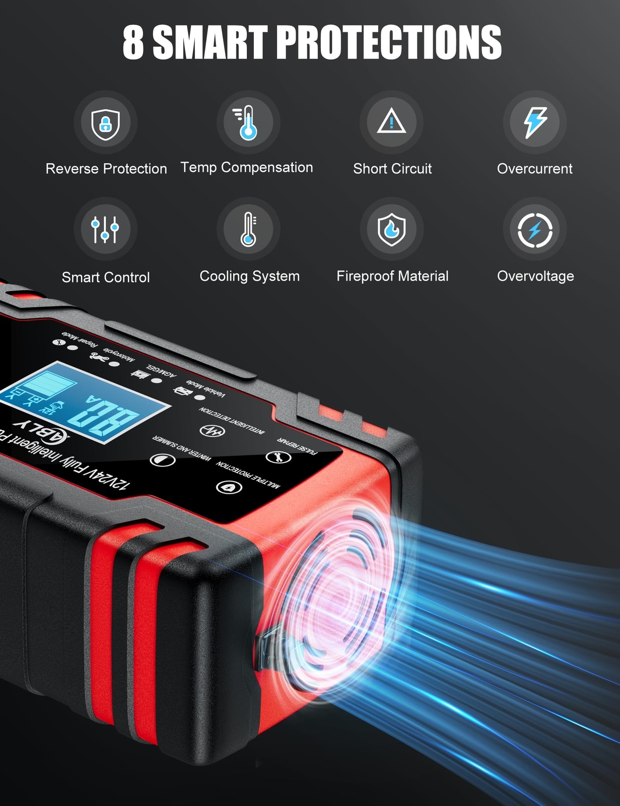 ABLY Battery Charger 8Amp 12V and 24V Automotive Trickle Charger for