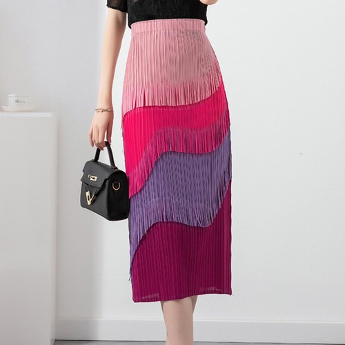 Lady Splicing Midi Straight Pencil Skirt Back Slit Tassel High Elastic Waist Fit - Picture 11 of 13