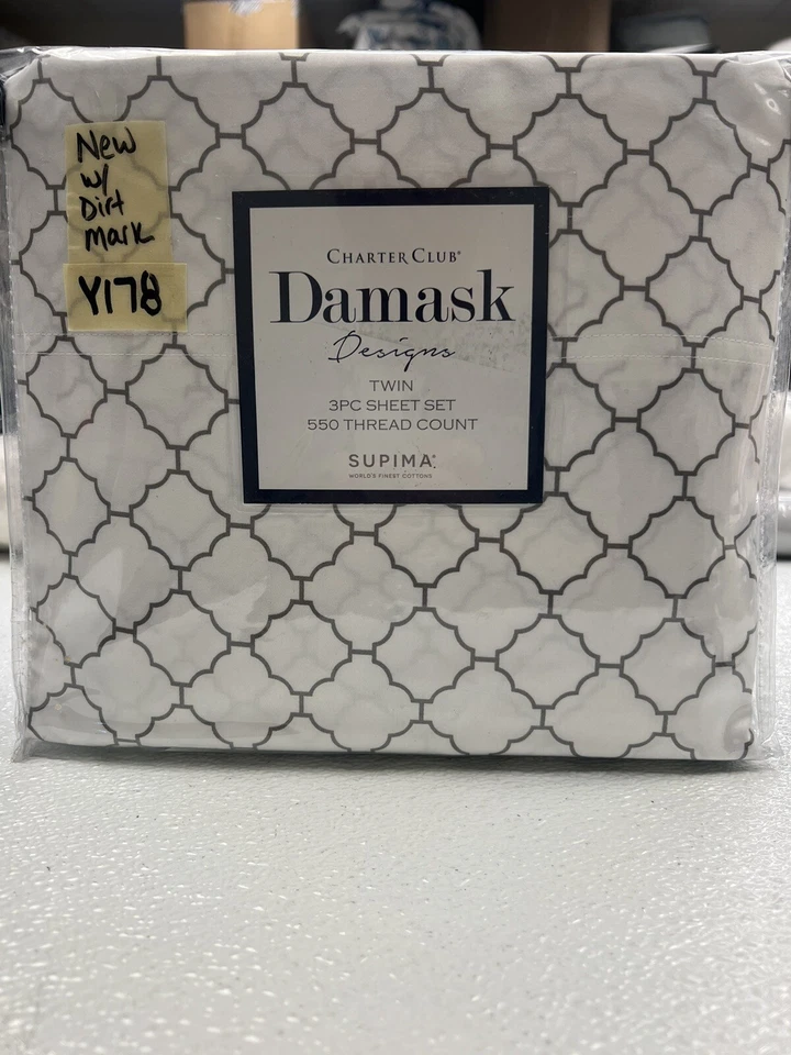 Juego de sábanas dobles Charter Club Damask Designs Geo 550 TC blanco y humo nuevo con defecto Foto 2 de 4