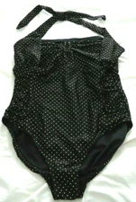 New Retro Pure Energy Black Gold Polka Dot   One Piece Halter Swimsuit size 16W