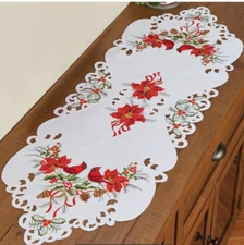 Christmas Cardinal Poinsettia Table Runner 44x15” Lace Hollies Pine Cones