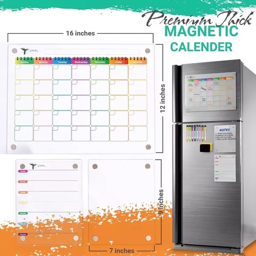 Clear Acrylic Magnetic Fridge Calendar: 3 Boards,Planner w/ 12 Markers Organizer - Picture 3 of 8