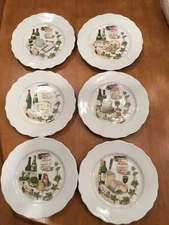 Set of 6 Vintage " Wine & Cheese " Design 7" Porcelain Plates - Made in France
