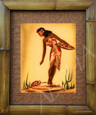 VINTAGE HAWAIIAN HULA DANCER GIRL ART PRINTS BAMBOO FRAMED