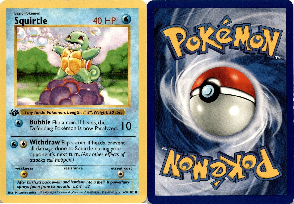 ゼニガメ Squirtle (1st Edition) Shadowless 1999 Pokemon, Base Set Shadowless, #63/102 Squirtle, 1st