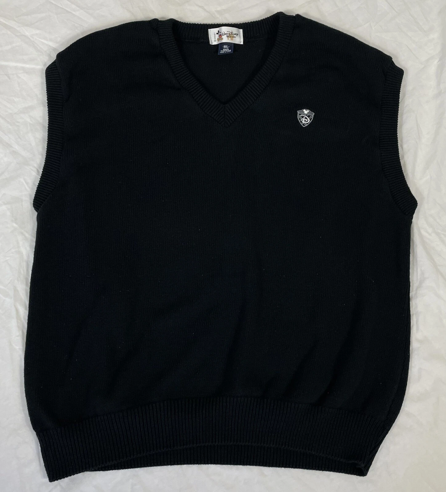 Vtg Walt Disney World Mickey Mouse Golf Sweater Vest XL Black Made in USA Cotton
