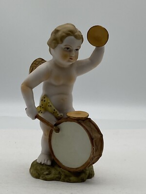 Ardalt Cherub Angel with Wings Playing a Drum - Bisque Mid Century - Japan