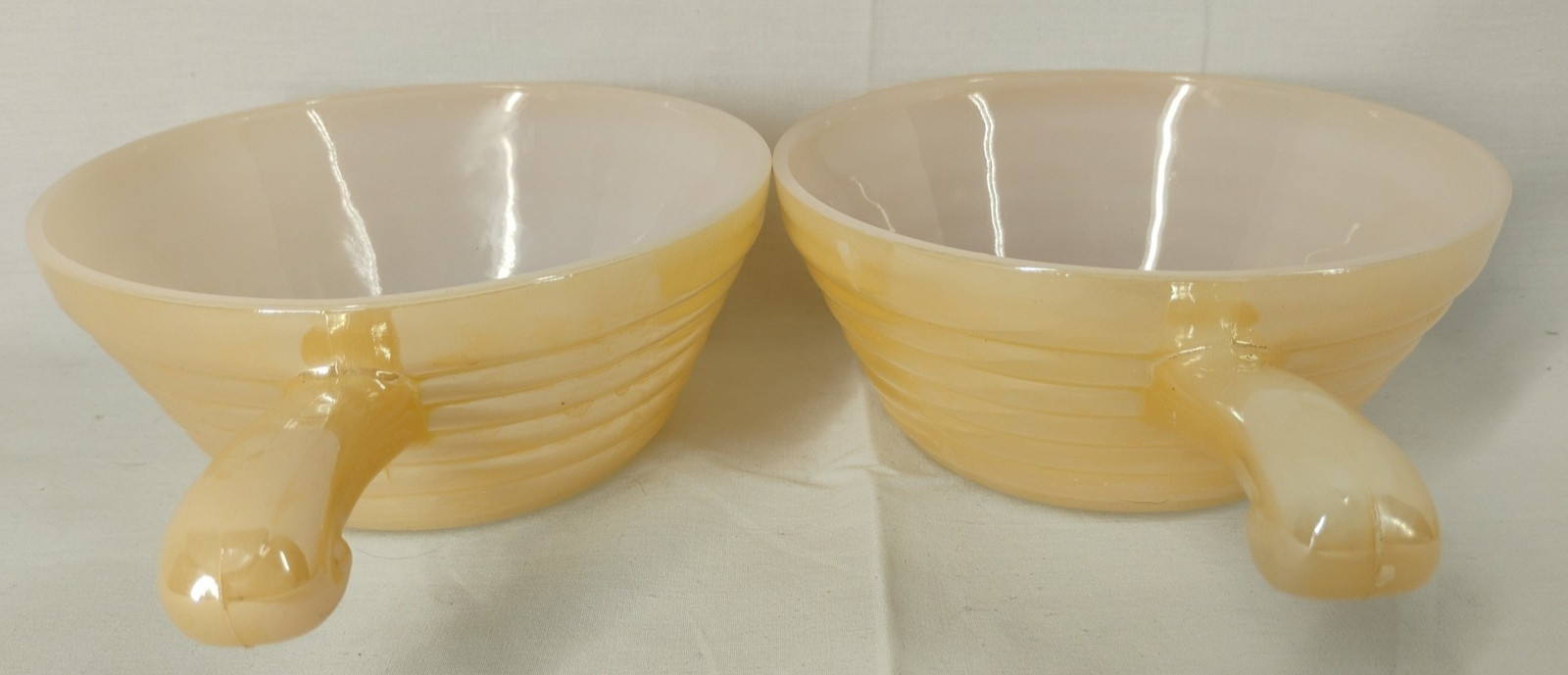 4 Fire King Peach Luster Bee Hive Ovenware Soup Bowls w/ Handles Iridescent 
