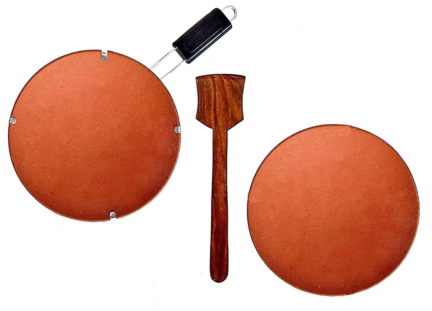 Handmade Terracotta Clay Tawa Griddle with Handle, tawa and Wooden Spatula