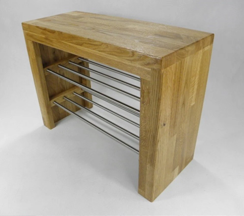 Holzbank Eiche Schuhablage Edelstahl Garderobenbank Flurbank Designbank Bank - Bild 1 von 4