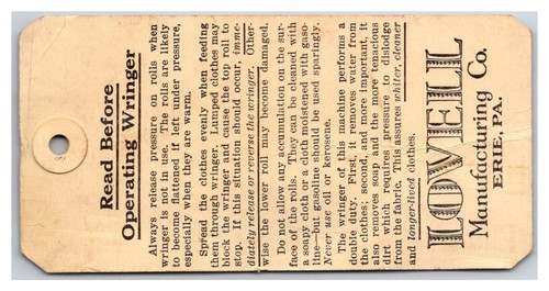 Antique Vintage Lovell Mfg. Co. Clothes Wringer Erie, PA Product tag RARE - Picture 2 of 2
